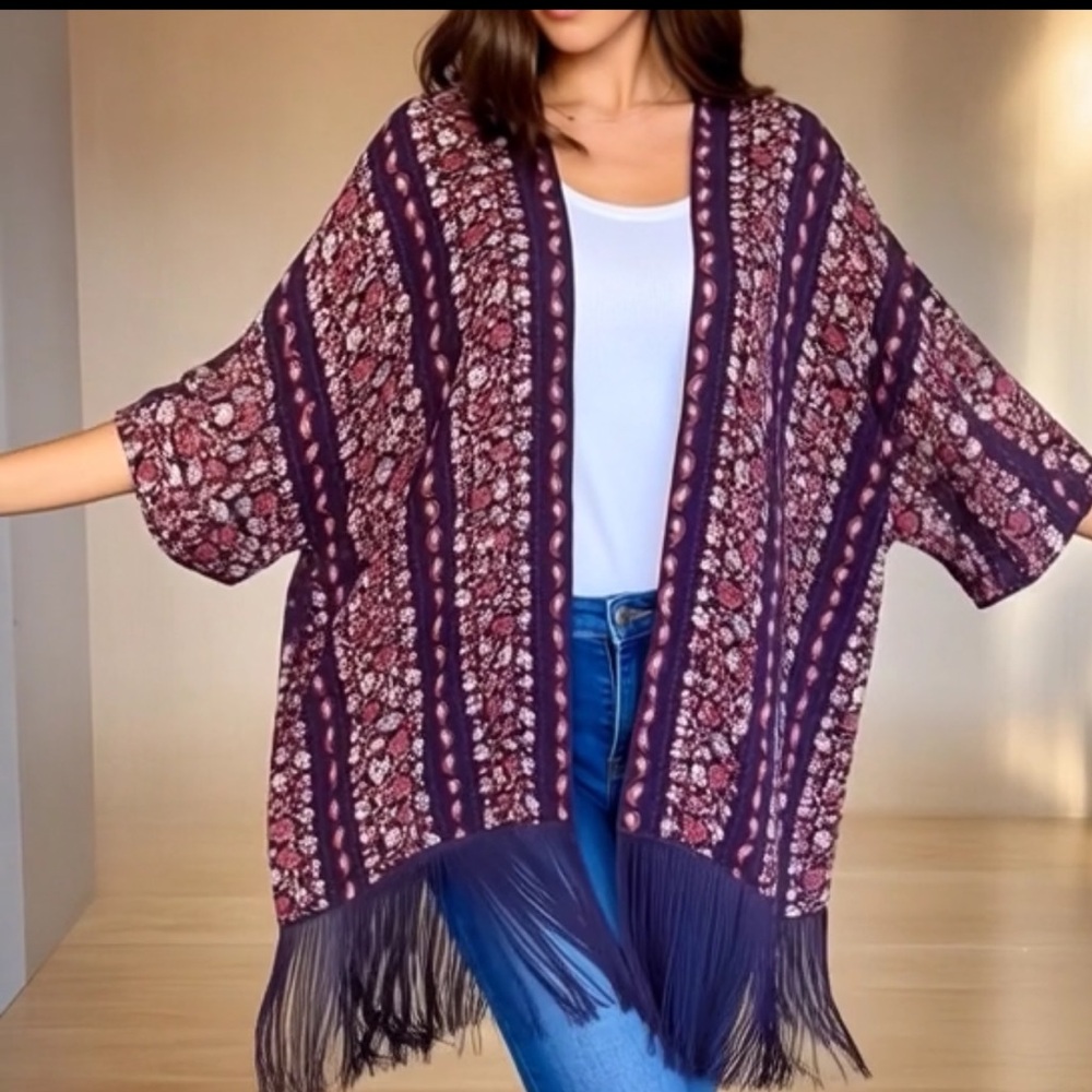 Bongo Blue Red White Scarf Print Fringe Kimono Jacket Women Juniors S/M - Picture 6 of 11